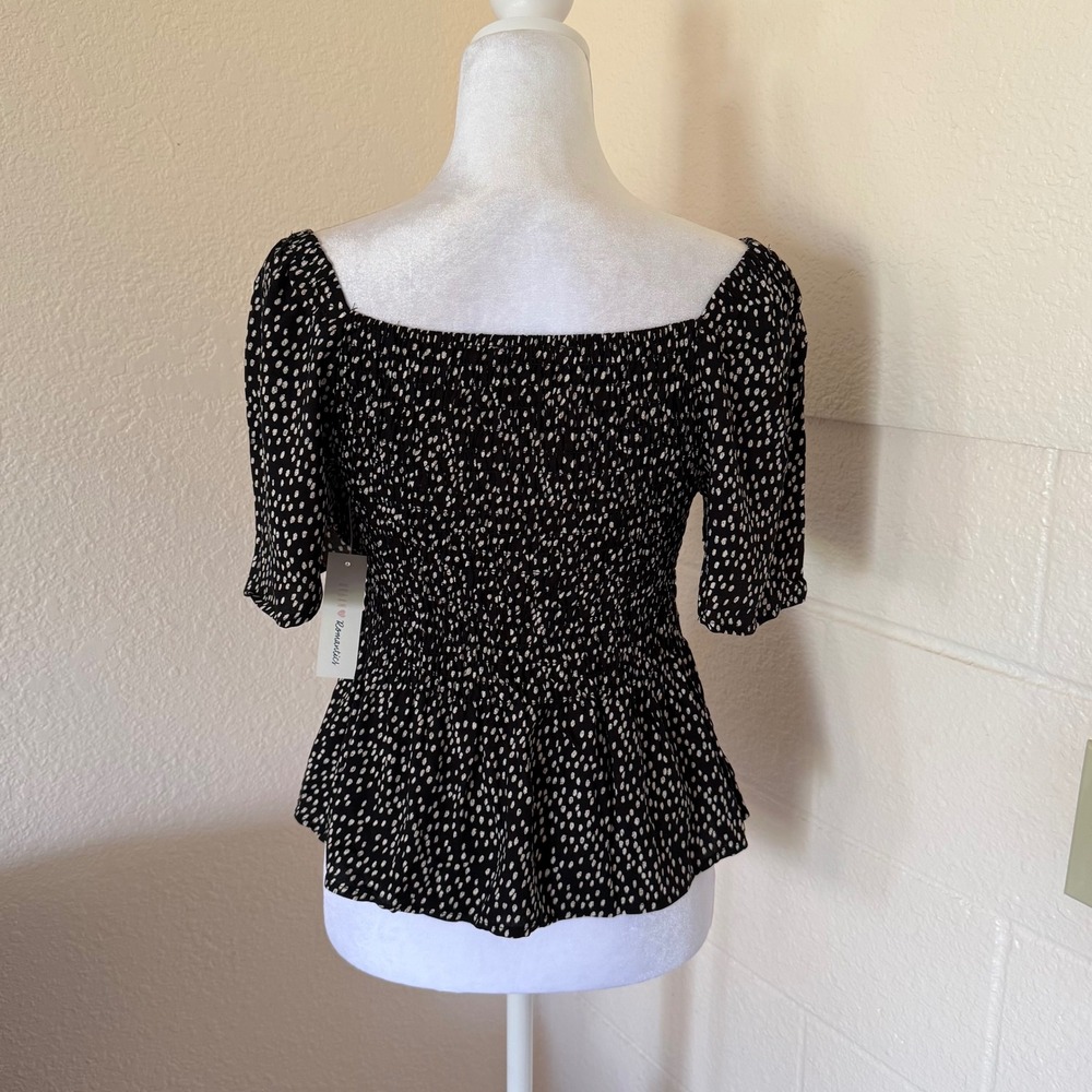 Urban Romantics Smocked Peplum Top Womens XS Black White Dotted Summer